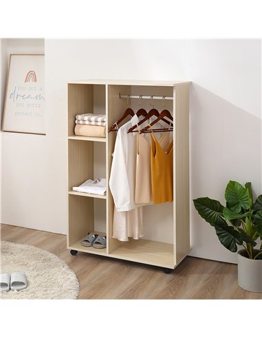 HOMCOM Open Wardrobe on Wheels, Bedroom Wardrobe with Clothes Hanging Rail, 3 Storage Shelves, Mobile Garment Rack for Cloakroom