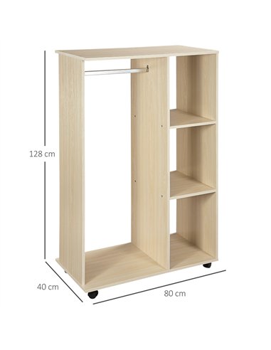 HOMCOM Open Wardrobe on Wheels, Bedroom Wardrobe with Clothes Hanging Rail, 3 Storage Shelves, Mobile Garment Rack for Cloakroom