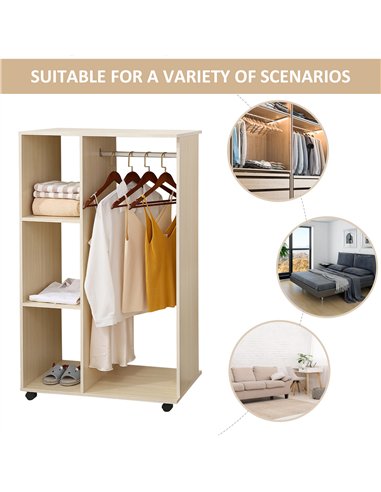 HOMCOM Open Wardrobe on Wheels, Bedroom Wardrobe with Clothes Hanging Rail, 3 Storage Shelves, Mobile Garment Rack for Cloakroom