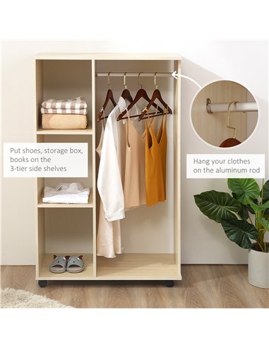 HOMCOM Open Wardrobe on Wheels, Bedroom Wardrobe with Clothes Hanging Rail, 3 Storage Shelves, Mobile Garment Rack for Cloakroom