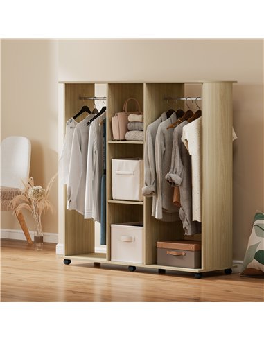 HOMCOM Open Wardrobe Double Mobile Storage Shelves Organizer W/6 Wheels-Natural