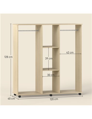 HOMCOM Open Wardrobe Double Mobile Storage Shelves Organizer W/6 Wheels-Natural