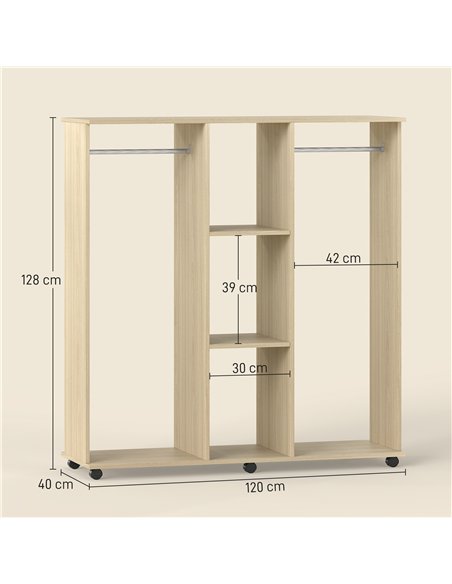 HOMCOM Open Wardrobe Double Mobile Storage Shelves Organizer W/6 Wheels-Natural - pic 183139 | FastDaddyshop
