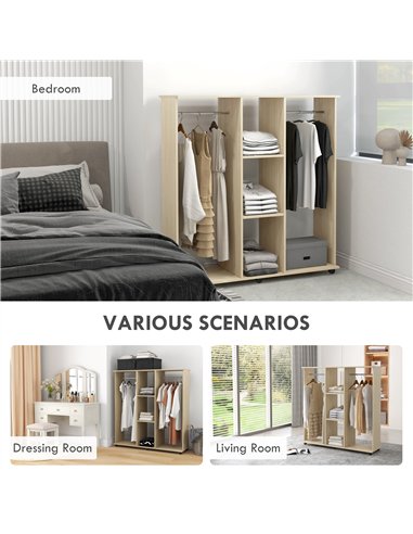 HOMCOM Open Wardrobe Double Mobile Storage Shelves Organizer W/6 Wheels-Natural