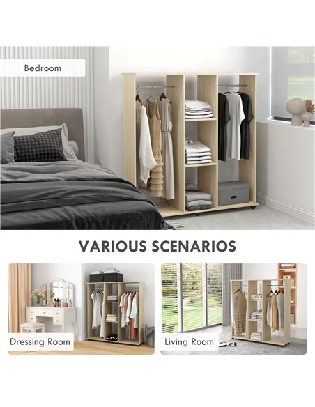 HOMCOM Open Wardrobe Double Mobile Storage Shelves Organizer W/6 Wheels-Natural - pic 183141 | FastDaddyshop