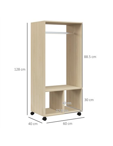 HOMCOM Open Wardrobe on Wheels, Bedroom Wardrobe with Clothes Hanging Rail, 2 Storage Shelves, Mobile Garment Rack for Cloakroom