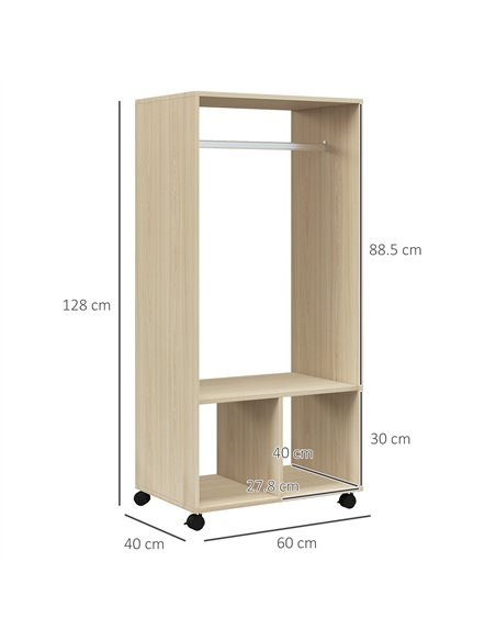HOMCOM Open Wardrobe on Wheels, Bedroom Wardrobe with Clothes Hanging Rail, 2 Storage Shelves, Mobile Garment Rack for Cloakroom - pic 183148 | FastDaddyshop