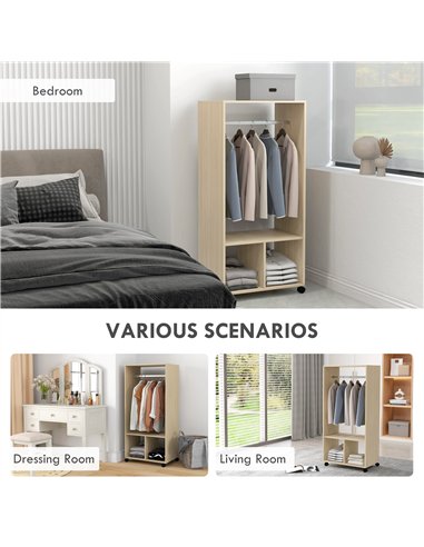 HOMCOM Open Wardrobe on Wheels, Bedroom Wardrobe with Clothes Hanging Rail, 2 Storage Shelves, Mobile Garment Rack for Cloakroom