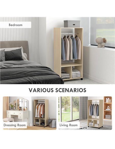 HOMCOM Open Wardrobe on Wheels, Bedroom Wardrobe with Clothes Hanging Rail, 2 Storage Shelves, Mobile Garment Rack for Cloakroom - pic 183151 | FastDaddyshop