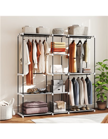 HOMCOM Portable Wardrobe, Open Clothes Wardrobe with 8 Shelves, 3 Hanging Rails, Light Grey - pic 183156 | FastDaddyshop