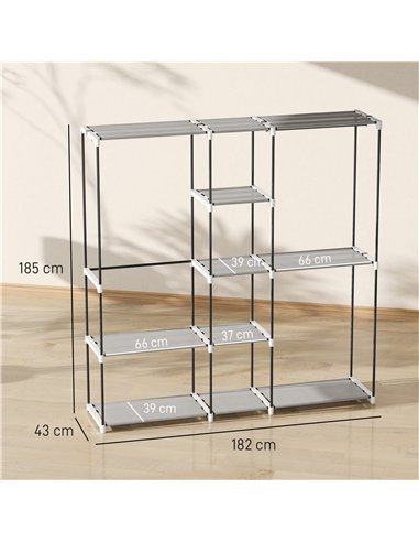 HOMCOM Portable Wardrobe, Open Clothes Wardrobe with 8 Shelves, 3 Hanging Rails, Light Grey