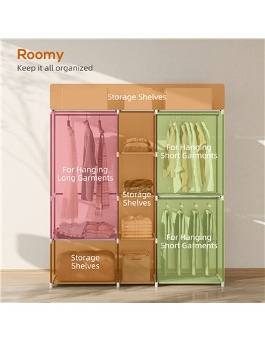 HOMCOM Portable Wardrobe, Open Clothes Wardrobe with 8 Shelves, 3 Hanging Rails, Light Grey