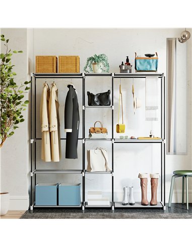 HOMCOM Portable Wardrobe, Open Clothes Wardrobe with 8 Shelves, 3 Hanging Rails, Light Grey