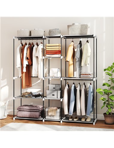 HOMCOM Portable Wardrobe, Open Clothes Wardrobe with 8 Shelves, 3 Hanging Rails, Light Grey