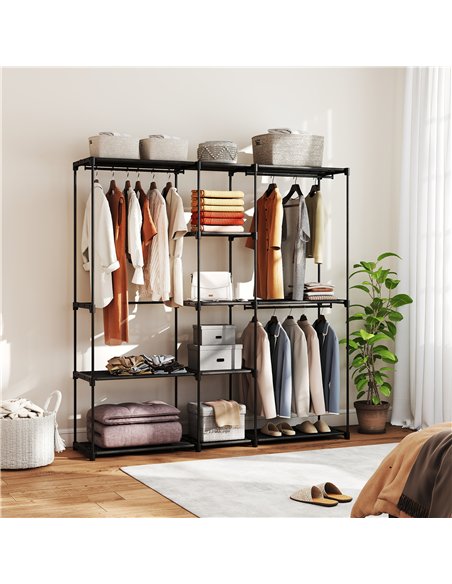 HOMCOM Portable Wardrobe, Open Clothes Wardrobe with 8 Shelves, 3 Hanging Rails, Black - pic 183165 | FastDaddyshop