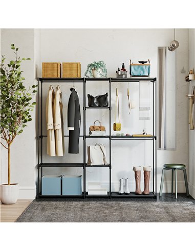 HOMCOM Portable Wardrobe, Open Clothes Wardrobe with 8 Shelves, 3 Hanging Rails, Black