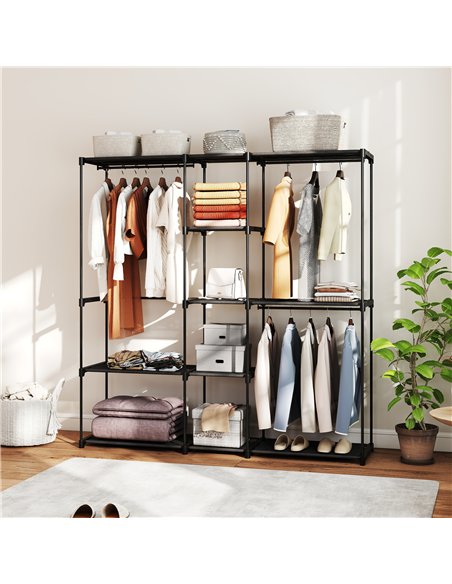 HOMCOM Portable Wardrobe, Open Clothes Wardrobe with 8 Shelves, 3 Hanging Rails, Black - pic 183172 | FastDaddyshop