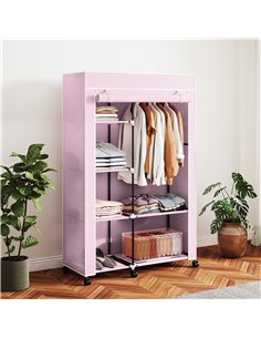 HOMCOM Fabric Wardrobe w/ Shelves Hanging Rail Foldable Wardrobe Pink 2