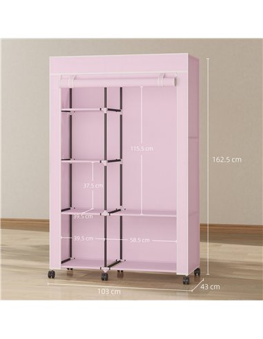 HOMCOM Fabric Wardrobe w/ Shelves Hanging Rail Foldable Wardrobe Pink