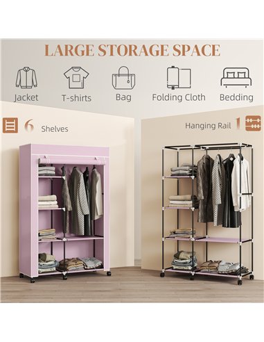 HOMCOM Fabric Wardrobe w/ Shelves Hanging Rail Foldable Wardrobe Pink