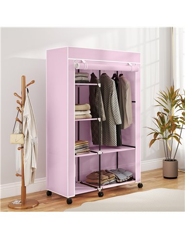 HOMCOM Fabric Wardrobe w/ Shelves Hanging Rail Foldable Wardrobe Pink