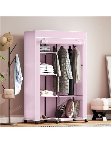 HOMCOM Fabric Wardrobe w/ Shelves Hanging Rail Foldable Wardrobe Pink