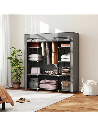 HOMCOM Clothes Storage Organiser with Hanging Rail, Shelves, Portable Wardrobe, Foldable Fabric Wardrobe, Dark Grey
