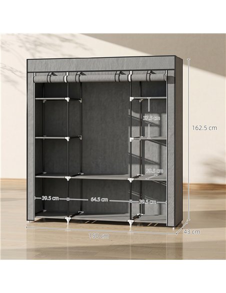 HOMCOM Clothes Storage Organiser with Hanging Rail, Shelves, Portable Wardrobe, Foldable Fabric Wardrobe, Dark Grey - pic 183184 | FastDaddyshop