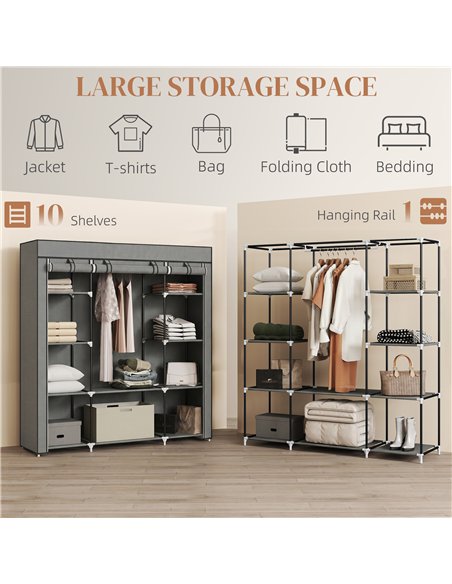 HOMCOM Clothes Storage Organiser with Hanging Rail, Shelves, Portable Wardrobe, Foldable Fabric Wardrobe, Dark Grey - pic 183185 | FastDaddyshop