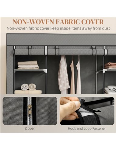 HOMCOM Clothes Storage Organiser with Hanging Rail, Shelves, Portable Wardrobe, Foldable Fabric Wardrobe, Dark Grey