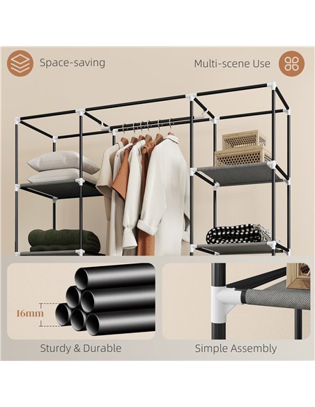 HOMCOM Clothes Storage Organiser with Hanging Rail, Shelves, Portable Wardrobe, Foldable Fabric Wardrobe, Dark Grey - pic 183187 | FastDaddyshop