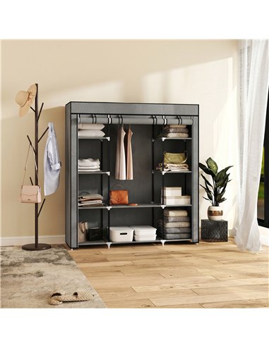 HOMCOM Clothes Storage Organiser with Hanging Rail, Shelves, Portable Wardrobe, Foldable Fabric Wardrobe, Dark Grey