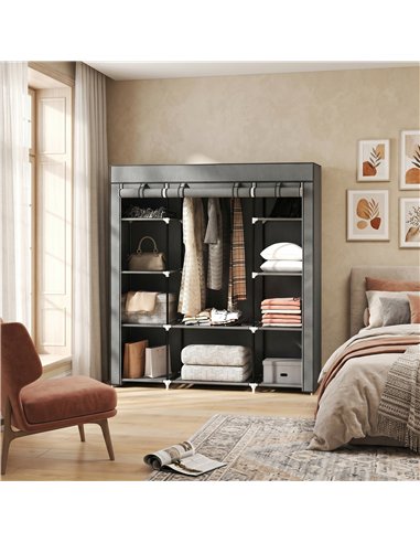 HOMCOM Clothes Storage Organiser with Hanging Rail, Shelves, Portable Wardrobe, Foldable Fabric Wardrobe, Dark Grey