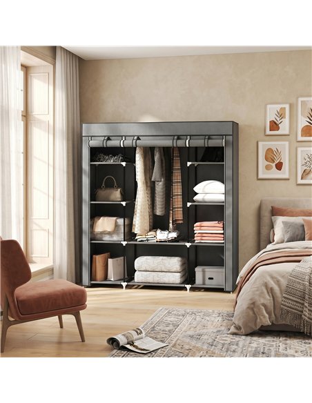 HOMCOM Clothes Storage Organiser with Hanging Rail, Shelves, Portable Wardrobe, Foldable Fabric Wardrobe, Dark Grey - pic 183189 | FastDaddyshop