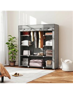 HOMCOM Clothes Storage Organiser with Hanging Rail, Shelves, Portable Wardrobe, Foldable Fabric Wardrobe, Light Grey 2