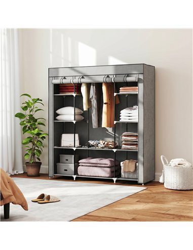 HOMCOM Clothes Storage Organiser with Hanging Rail, Shelves, Portable Wardrobe, Foldable Fabric Wardrobe, Light Grey