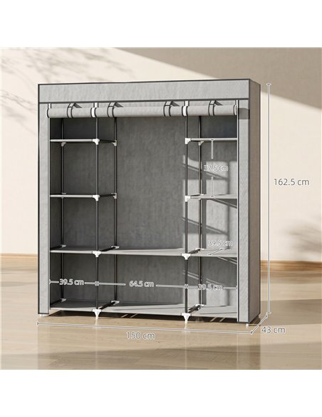 HOMCOM Clothes Storage Organiser with Hanging Rail, Shelves, Portable Wardrobe, Foldable Fabric Wardrobe, Light Grey - pic 183193 | FastDaddyshop