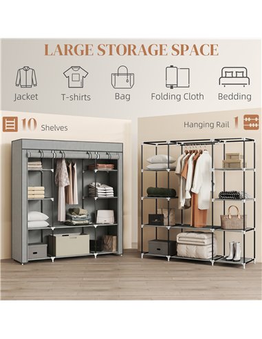HOMCOM Clothes Storage Organiser with Hanging Rail, Shelves, Portable Wardrobe, Foldable Fabric Wardrobe, Light Grey