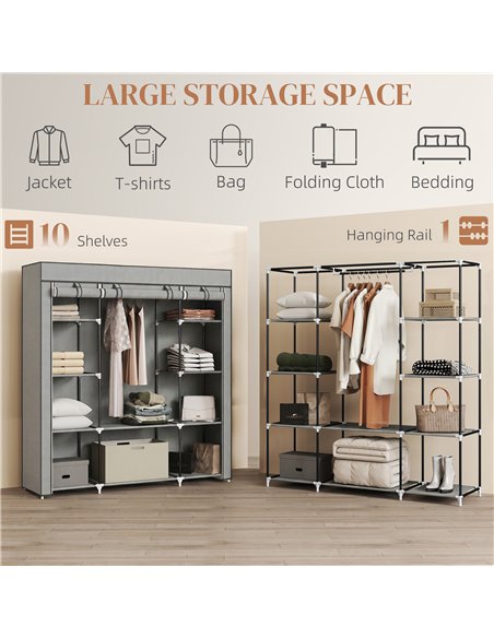 HOMCOM Clothes Storage Organiser with Hanging Rail, Shelves, Portable Wardrobe, Foldable Fabric Wardrobe, Light Grey - pic 183194 | FastDaddyshop
