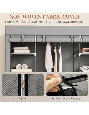 HOMCOM Clothes Storage Organiser with Hanging Rail, Shelves, Portable Wardrobe, Foldable Fabric Wardrobe, Light Grey