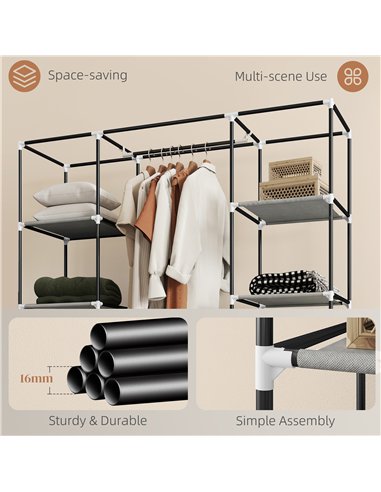 HOMCOM Clothes Storage Organiser with Hanging Rail, Shelves, Portable Wardrobe, Foldable Fabric Wardrobe, Light Grey