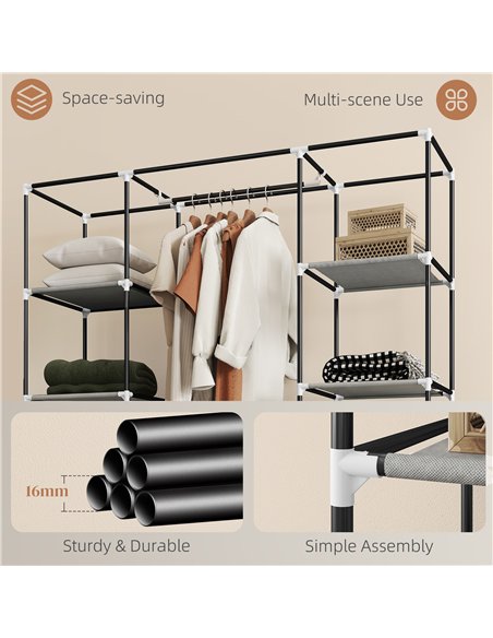 HOMCOM Clothes Storage Organiser with Hanging Rail, Shelves, Portable Wardrobe, Foldable Fabric Wardrobe, Light Grey - pic 183196 | FastDaddyshop