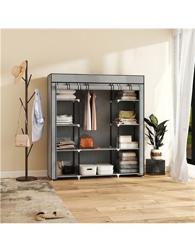 HOMCOM Clothes Storage Organiser with Hanging Rail, Shelves, Portable Wardrobe, Foldable Fabric Wardrobe, Light Grey