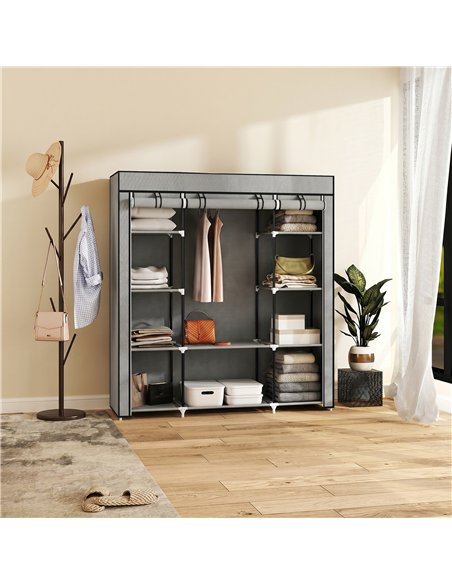 HOMCOM Clothes Storage Organiser with Hanging Rail, Shelves, Portable Wardrobe, Foldable Fabric Wardrobe, Light Grey - pic 183197 | FastDaddyshop