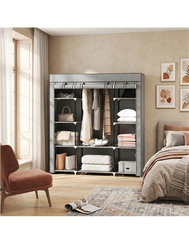 HOMCOM Clothes Storage Organiser with Hanging Rail, Shelves, Portable Wardrobe, Foldable Fabric Wardrobe, Light Grey