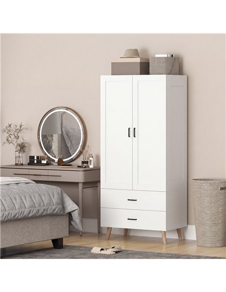 HOMCOM 2-Door Wardrobe, Modern Wardrobe with 2 Drawers and Hanging Rail for Bedroom, White - pic 183201 | FastDaddyshop