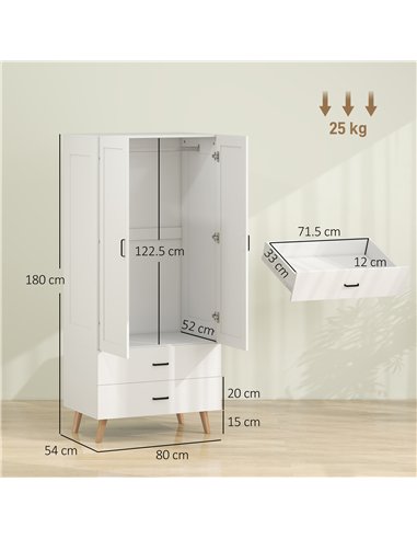 HOMCOM 2-Door Wardrobe, Modern Wardrobe with 2 Drawers and Hanging Rail for Bedroom, White