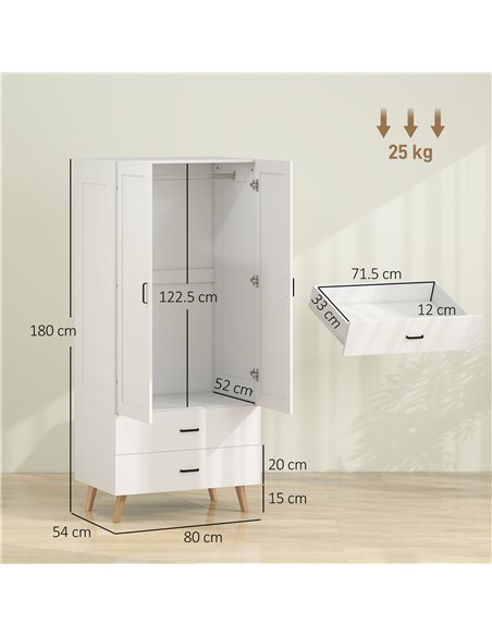 HOMCOM 2-Door Wardrobe, Modern Wardrobe with 2 Drawers and Hanging Rail for Bedroom, White - pic 183202 | FastDaddyshop
