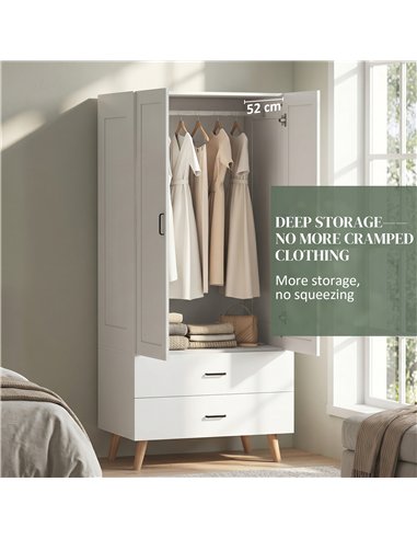 HOMCOM 2-Door Wardrobe, Modern Wardrobe with 2 Drawers and Hanging Rail for Bedroom, White