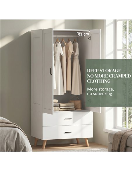 HOMCOM 2-Door Wardrobe, Modern Wardrobe with 2 Drawers and Hanging Rail for Bedroom, White - pic 183203 | FastDaddyshop